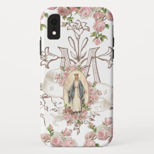 Blessed Virgin Mary Religious Vintage Pink Roses iPhone XR Case