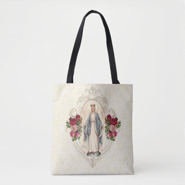 Blessed Virgin Mary Roses Religious Catholic Tote Bag (Front)