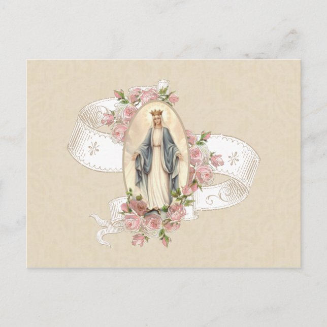 Blessed Virgin Mary Roses Vintage Religious Postcard (Front)