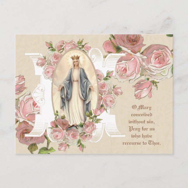 Blessed Virgin Mary Roses Vintage Religious Postcard (Front)