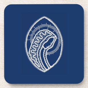 Blessed Virgin Mary, white lace, navy blue Beverage Coaster