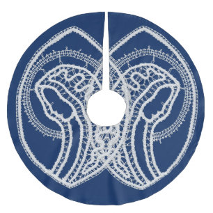 Blessed Virgin Mary, white lace, navy blue Brushed Polyester Tree Skirt