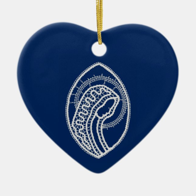 Blessed Virgin Mary, white lace, navy blue Ceramic Ornament (Front)