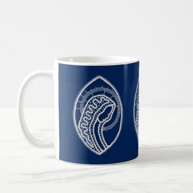 Blessed Virgin Mary, white lace, navy blue Coffee Mug (Left)