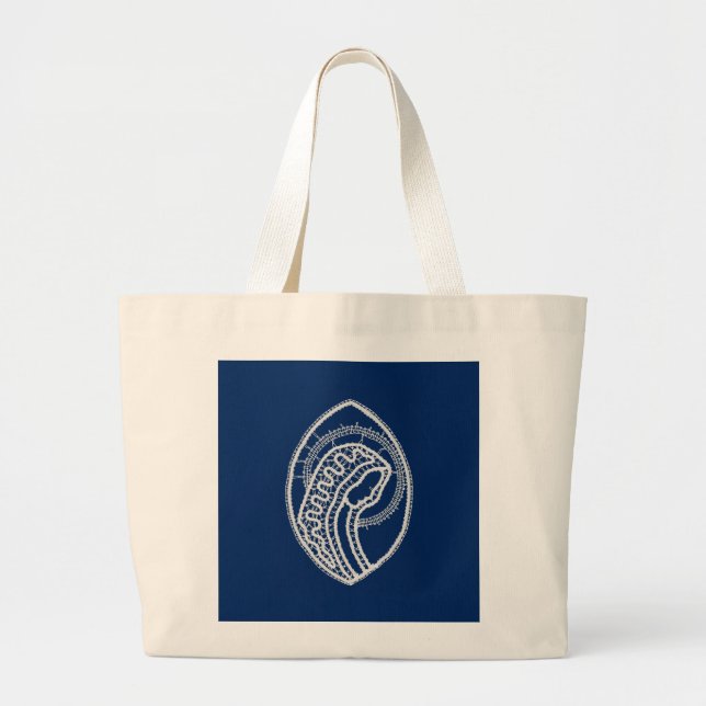 Blessed Virgin Mary, white lace, navy blue Large Tote Bag (Front)