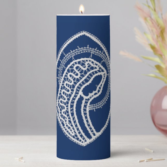 Blessed Virgin Mary, white lace, navy blue Pillar Candle (In Situ)