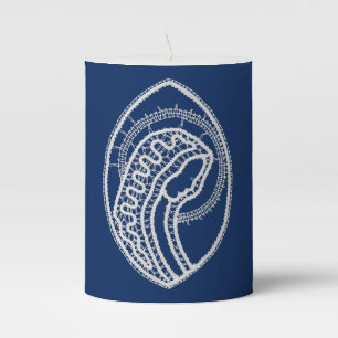 Blessed Virgin Mary, white lace, navy blue Pillar Candle