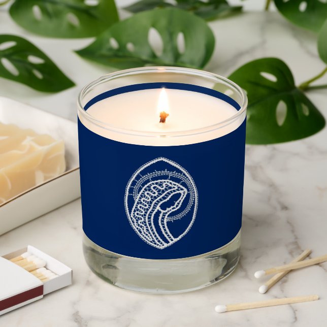 Blessed Virgin Mary, white lace, navy blue Scented Candle (Lit)