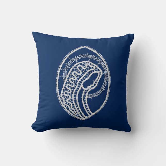 Blessed Virgin Mary, white lace, navy blue Throw Pillow (Front)