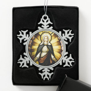 Blessed Virgin Mary with a Halo of Stars Snowflake Pewter Christmas Ornament