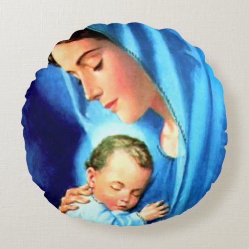 Blessed Virgin Mary with Baby Jesus Round Pillow