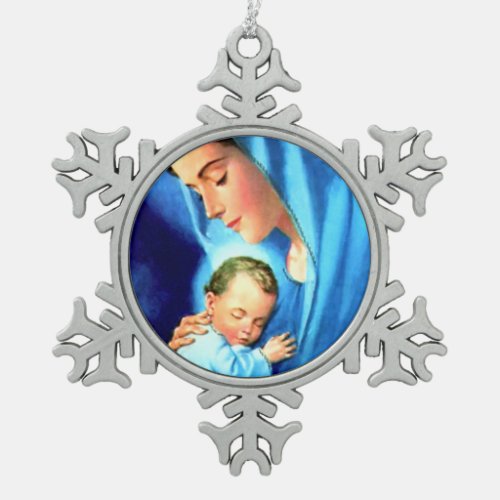 Blessed Virgin Mary with Baby Jesus Snowflake Pewter Christmas Ornament