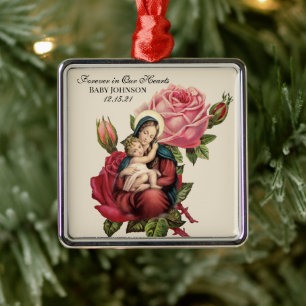 Blessed Virgin Mary with Baby Jesus Vintage Roses  Metal Ornament