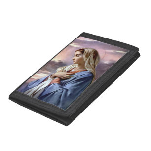Blessed Virgin Mary with Halo in Clouds Tri-fold Wallet