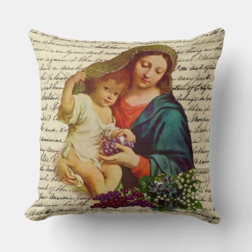 Blessed Virgin Mary with Jesus holding Grapes Throw Pillow
