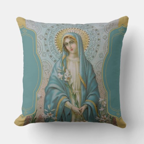 Blessed Virgin Mother Mary  with Lilies Throw Pillow