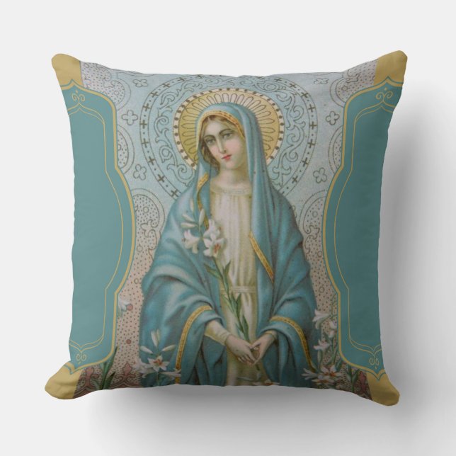 Blessed Virgin Mother Mary  with Lilies Throw Pillow (Front)