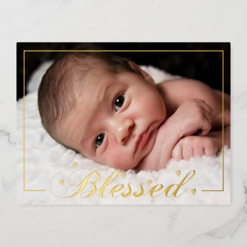 Blessed w Hearts Foil Birth Announcement Postcard