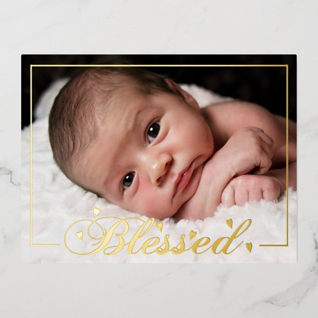 Blessed w/ Hearts Foil Birth Announcement Postcard (Front)