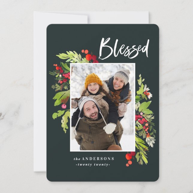 Blessed watercolor floral and foliage christmas holiday card (Front)