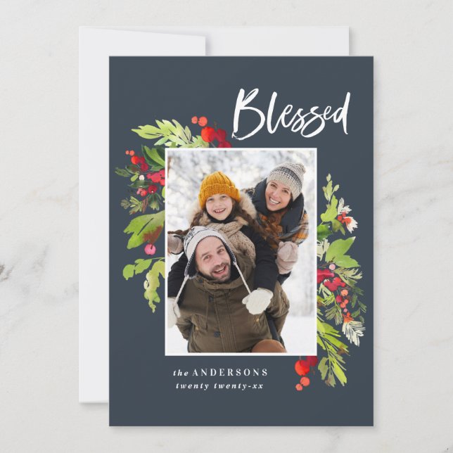Blessed watercolor floral and foliage christmas holiday card (Front)
