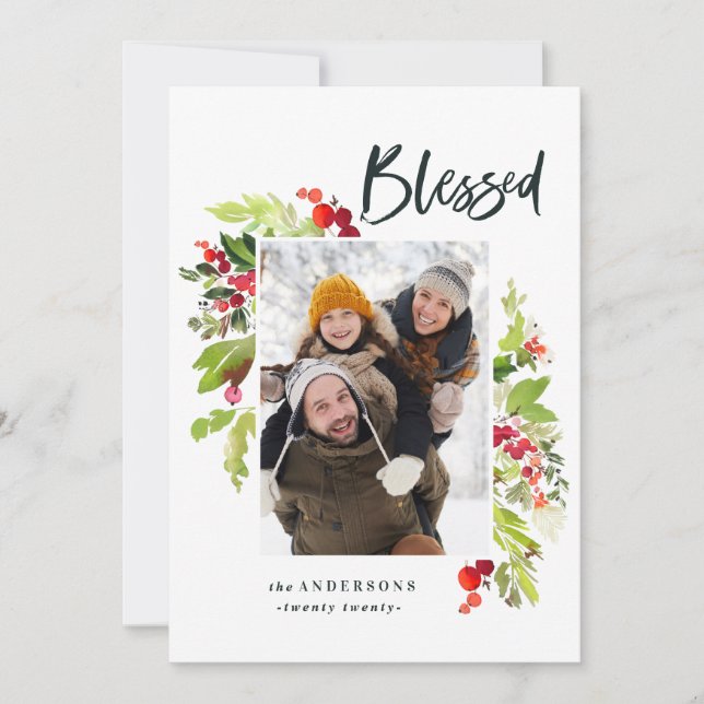 Blessed watercolor floral and foliage christmas holiday card (Front)