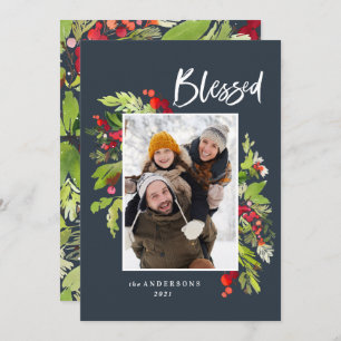 Blessed watercolor foliage 1 photo Christmas navy Holiday Card