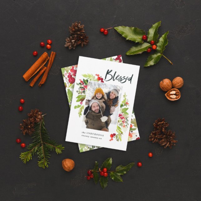 Blessed watercolor foliage 1 photo christmas red holiday card (Creator Uploaded)