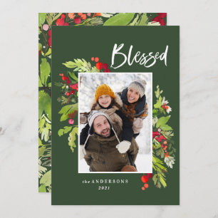 Blessed watercolor foliage green Christmas Holiday Card