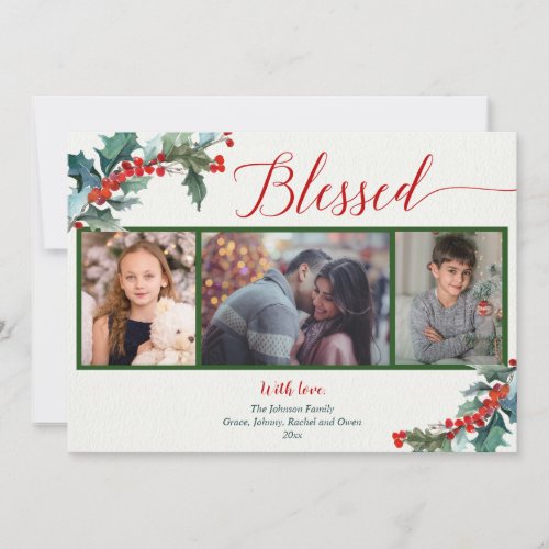 Blessed watercolor hollies berries 3 photo card