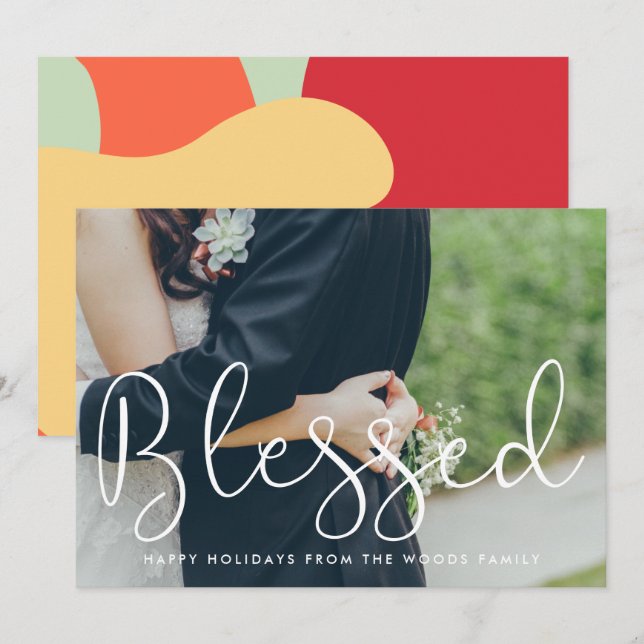 Blessed Whimsical Script Photo Christmas Holiday Card (Front/Back)