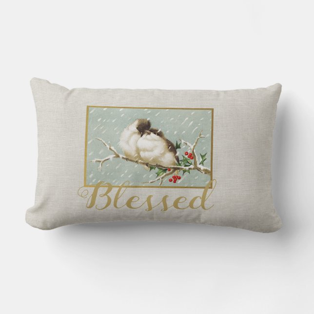 Blessed Winter Vintage Snow Birds Lumbar Pillow (Front)