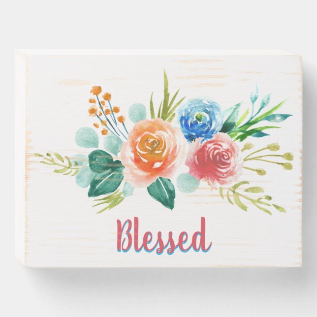 Blessed With Pretty Florals Wooden Box Sign (Front Horizontal)