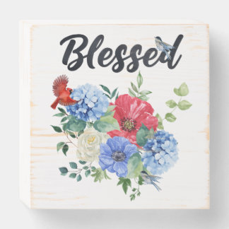 Blessed with Red/White/Blue Flowers & Birds Wooden Box Sign