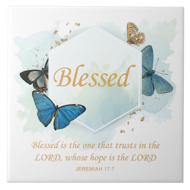 Blessed – Women's Christian Faith Butterfly Verse  Ceramic Tile (Front)