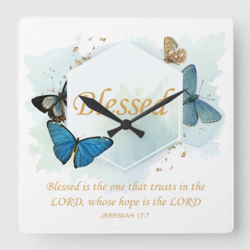 Blessed  Womens Christian Faith Butterfly Verse  Square Wall Clock