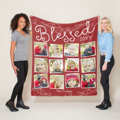 Blessed Year in Pictures 12 Photo Collage Red Fleece Blanket