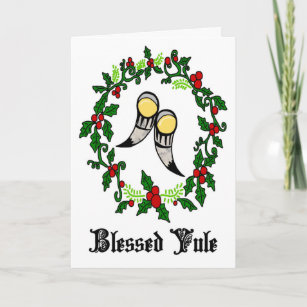 Blessed Yule Holly Wreath with Drinking Horns Holi Holiday Card