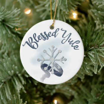 Blessed Yule Snowflake Blue And White Custom Ceramic Ornament by Cosmic_Crow_Designs at Zazzle