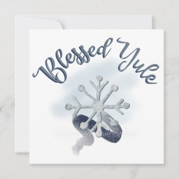 Blessed Yule Snowflake Blue And White Glitter Holiday Card by Cosmic_Crow_Designs at Zazzle