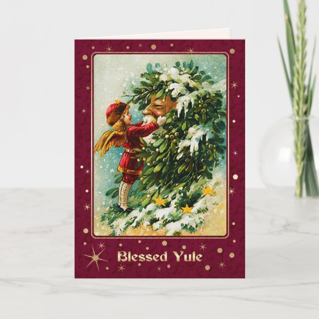 Blessed Yule. Vintage Christmas Angel  Holiday Card (Front)