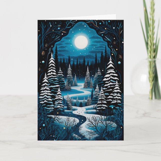Blessed Yule Winter Solstice Cozy Winter Forest Holiday Card (Front)