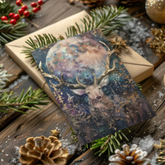 Blessed Yule Winter Solstice Golden Stag and Moon Holiday Card
