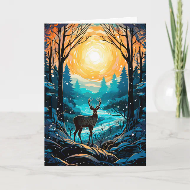 Blessed Yule Winter Solstice Stag in the Forest Holiday Card | Zazzle