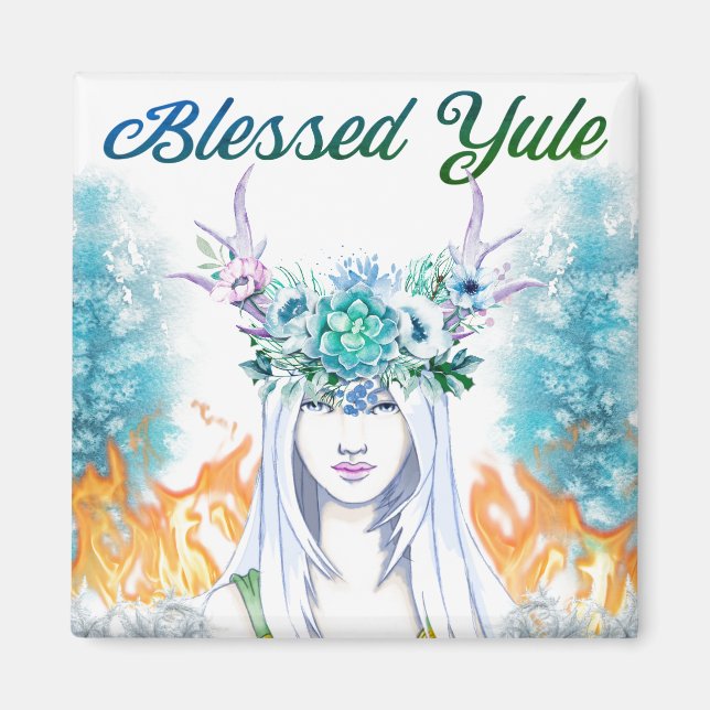 Blessed Yule Woodland Maiden Pagan Holiday Magnet (Front)