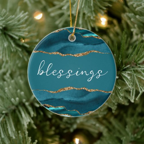 Blessing Inspirational Word Teal Turquoise Agate Ceramic Ornament