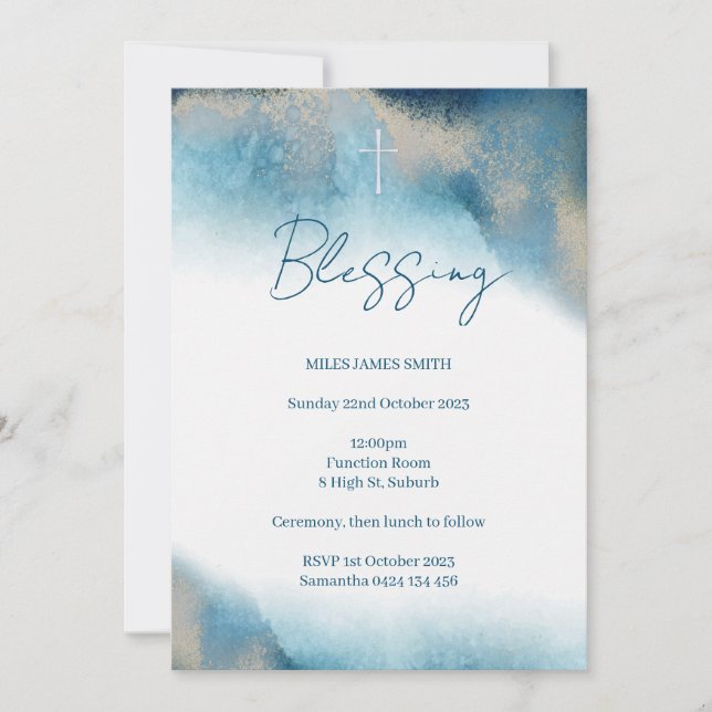 Blessing Invitation. Blue and gold watercolour. Invitation (Front)