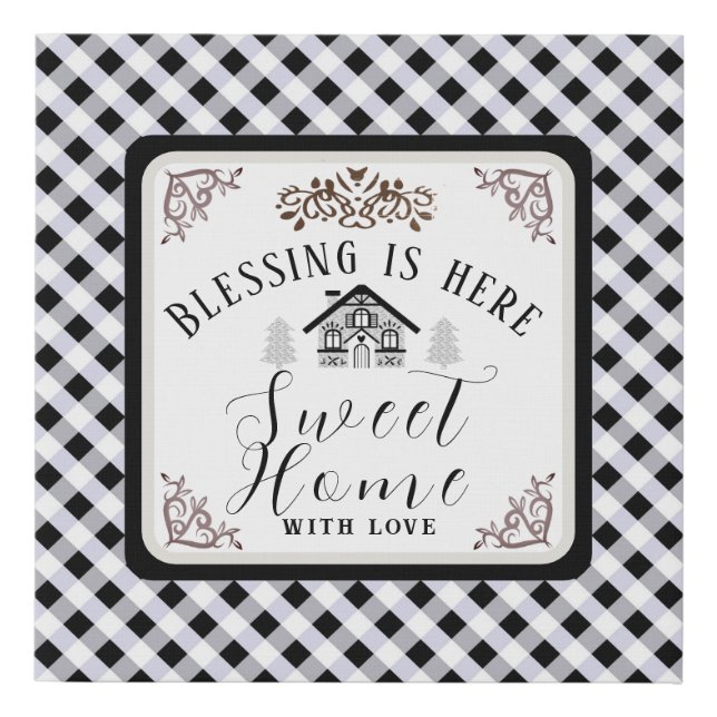 "Blessing is Here" Gingham Black Canvas Print (Front)