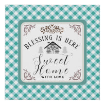 "Blessing is Here" Gingham Teal Canvas Print