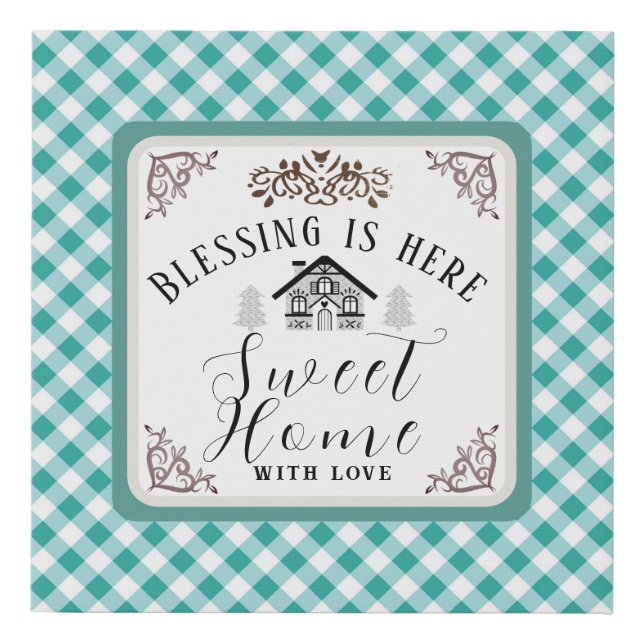 "Blessing is Here" Gingham Teal Canvas Print (Front)